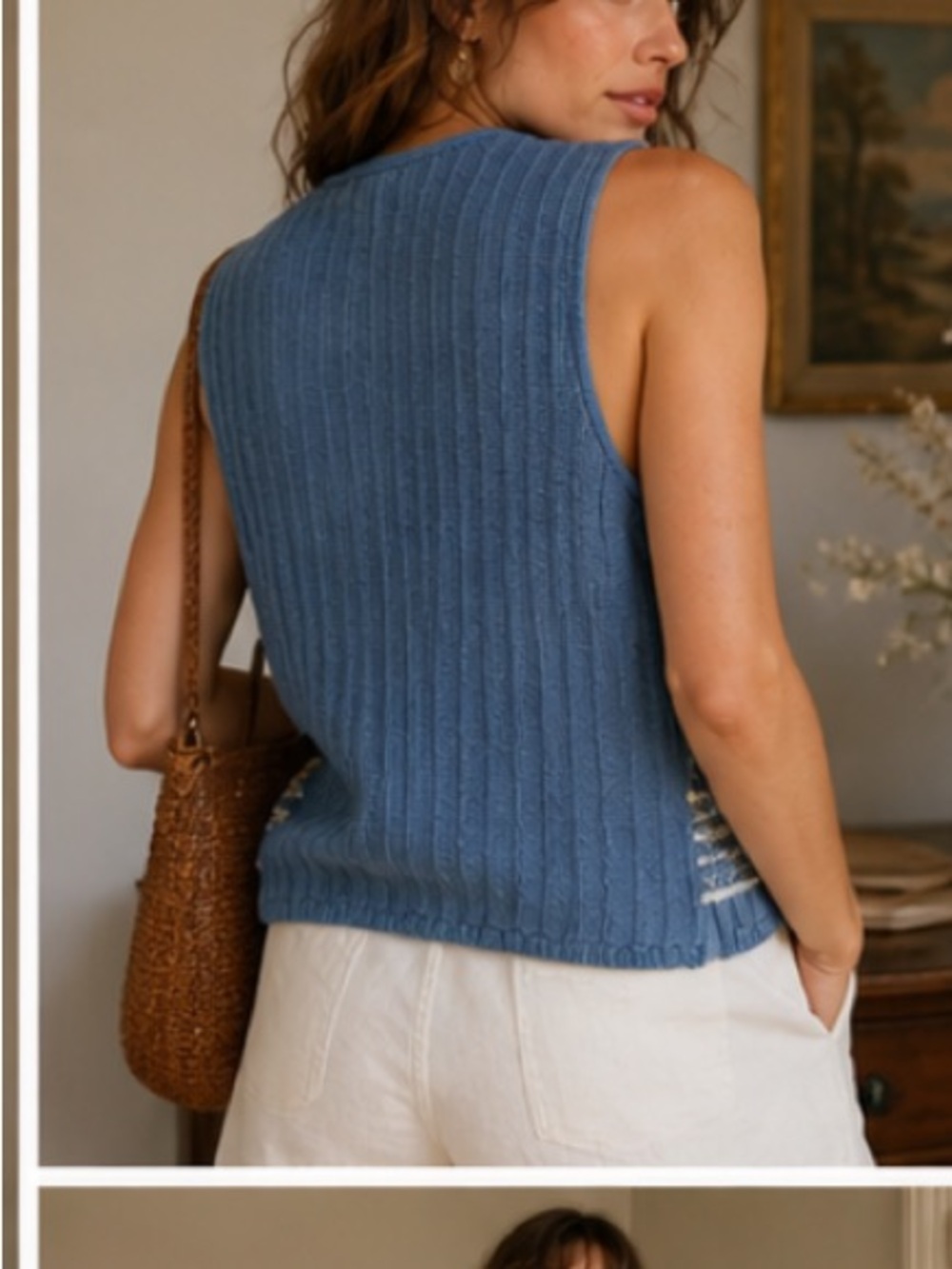 Vintage Blue Embroidered Button Front Sweater Vest Cotton Knit - Picture 4 of 6
